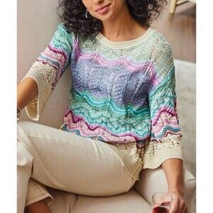 Soft Surroundings Thereze Stripe Pointelle Sweater Bell Sleeve Open Knit Size M